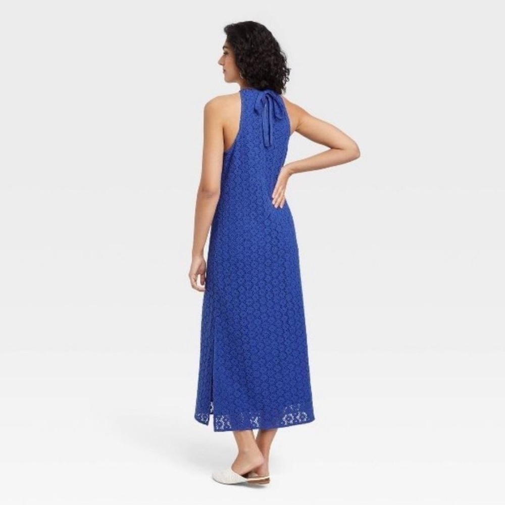 A New Day Blue Crochet‎ Lace Halter Midi Dress | 100% Cotton | Size Small - Picture 5 of 17